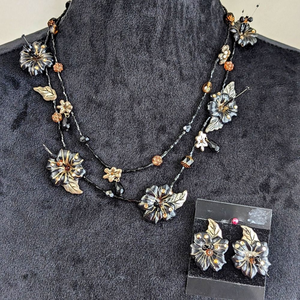 Vintage Chico's Necklace and Earring Set, Black and Pewter Tone